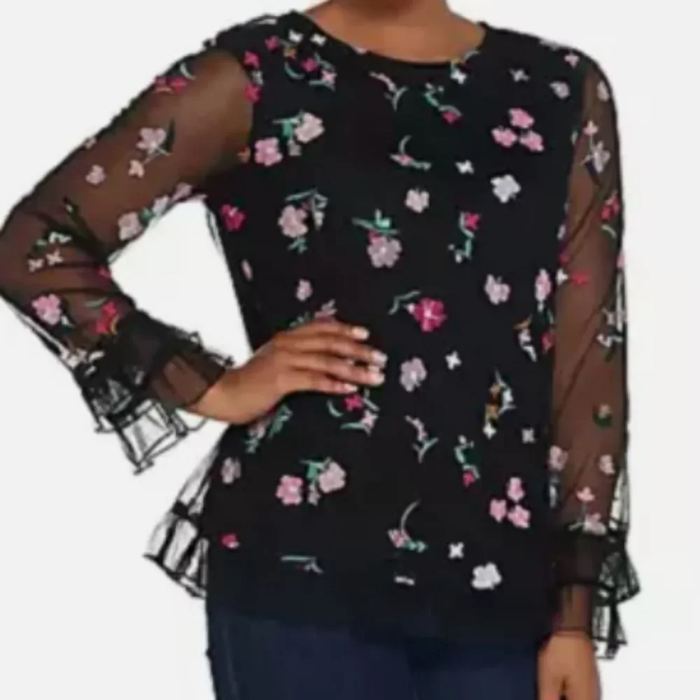 Du Jour Long Sleeve Black Blouse with Embroidered Floral Pattern Size 2XL - Picture 9 of 14